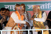DARBHANGA, MAY 4 (UNI):- Prime Minister Narendra Modi with BJP leader Ashwani Chaubey during an election public meeting in favour of NDA candidate Gopal Ji Thakur for Lok Sabha poll, in Darbhanga on Saturday. UNI PHOTO-102U